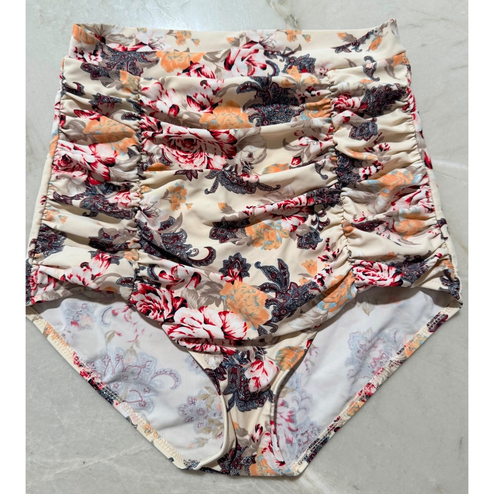 Womens Floral Paisley Ruched High Waisted Bikini Bottoms Cream Small #87